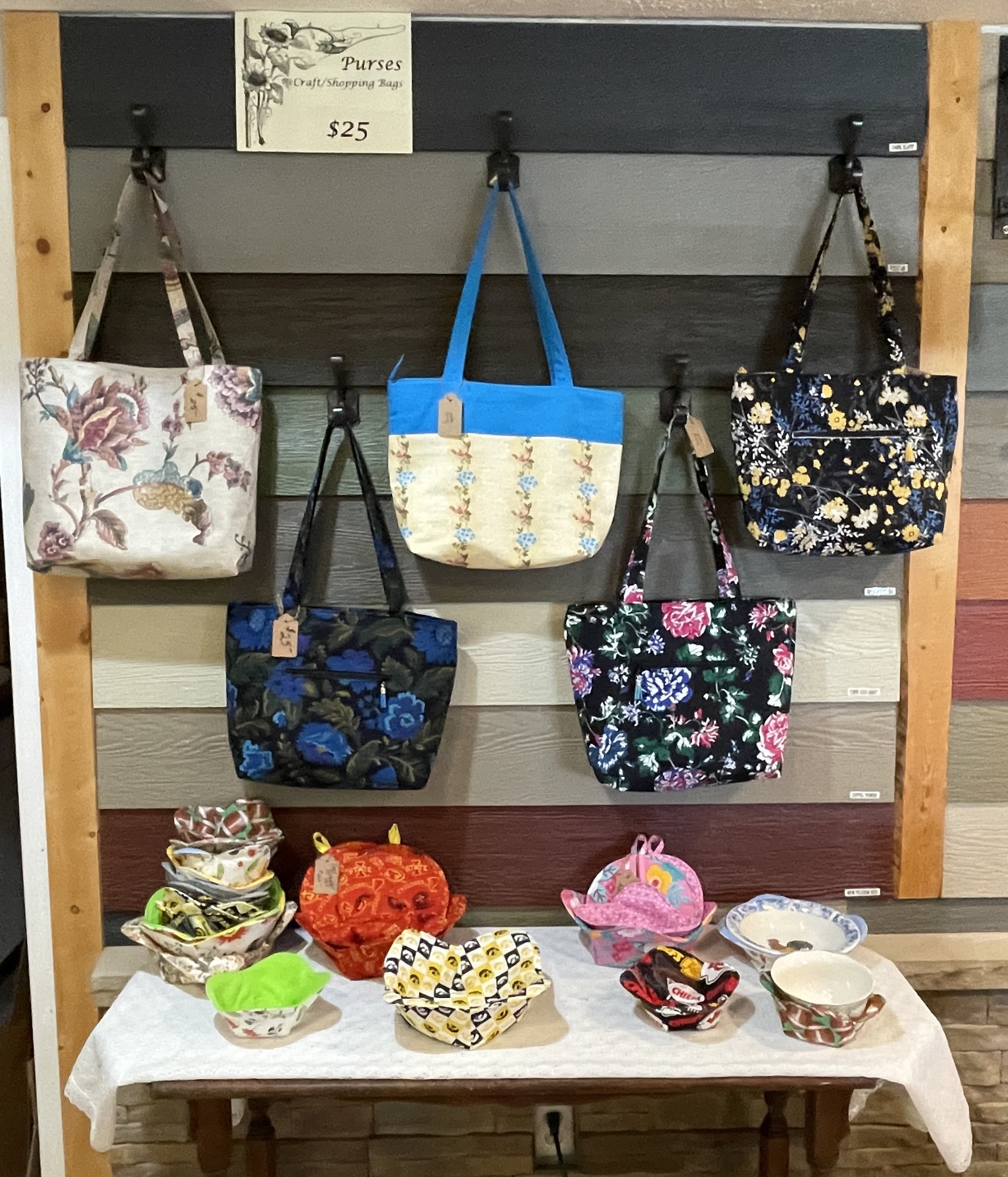 Handmade purses and bags display at Judy's Nook